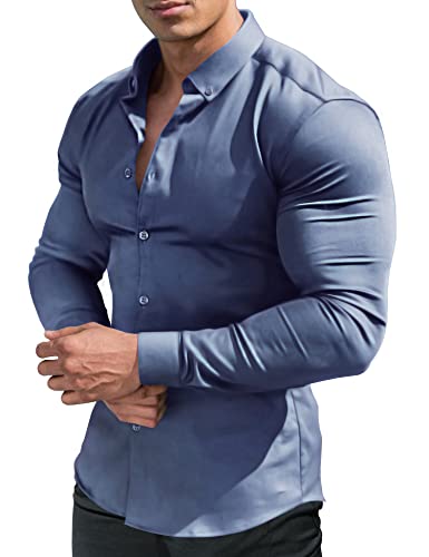 URRU Herren-Muskelhemd, schmale Passform, Stretch, lange und kurze Ärmel, lässig, Button-Down-Shirt, Langarm blau, L von URRU