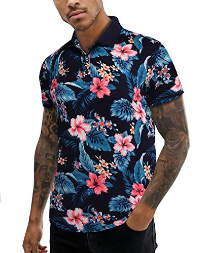 URRU Herren Sommer Slim Fit Kurzarm Polo Shirt Floral Printed Casual Light Weight Polo T Shirt, Dunkelblau, Mittel von URRU