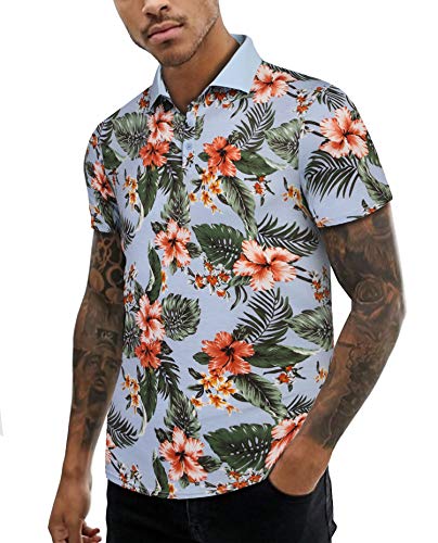 URRU Herren Sommer Slim Fit Kurzarm Polo Shirt Floral Printed Casual Light Weight Polo T-Shirt - Blau - Groß von URRU