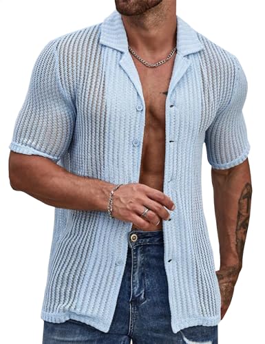 URRU Herren Sommer Strandhemd Stilvolle Hawaii-Hemden Kurzarm Casual Button Down Strand Strickhemden, Blau, Mittel von URRU