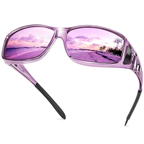 URUMQI Polarisierte Sonnenbrille Herren Damen UV400 Schutz Wrap Around Blendschutz Sonnenbrille für Brillenträger Fit over Brille Fahren Angeln Lila Rahmen von URUMQI