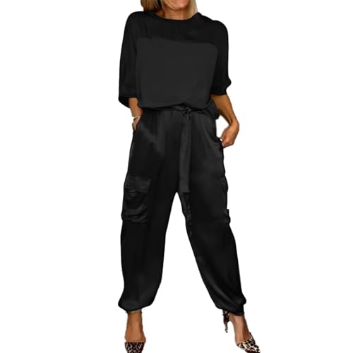 URWEIGH Damen-Set Aus Glattem Satin-Oberteil Und Hose Mit Halben Ärmeln, Lässiges Sommer-Satin-Zweiteiler-Outfit Für Damen, Jogger-Lounge-Set (Schwarz,2XL) von URWEIGH