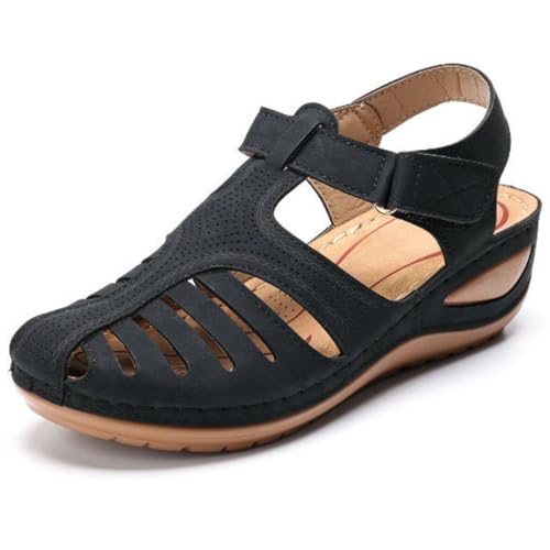 URWEIGH Orthopädische Sandalen Für Damen, Keilabsatz, Runde Zehen, Ausgehöhlt, Atmungsaktiv, Geschlossene Zehen, Sandalen, Slip-On-Sandalen (Schwarz,37) von URWEIGH