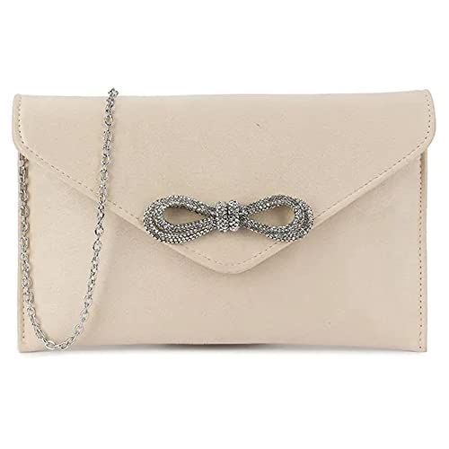 UShopUK Handtasche mit Schleife, Wildleder, Umschlag-Stil, für Brautball, Hochzeit, Abend, Party, Handtasche, Beige Hautfarben, medium von UShopUK