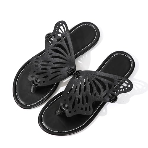 UTIKLIOU Flache Damen-Sandalen, Flip-Flops, lässig, zum Hineinschlüpfen, bequem, mit Schmetterlingen bestickt, Sommer, Strandkleid, Schuhe, Schwarz, 39 EU von UTIKLIOU