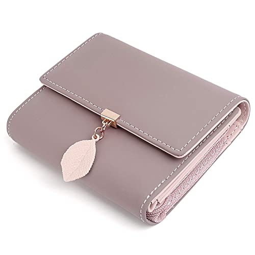 UTO Geldbörse Damen Klein mit Blatt Anhänger RFID Kleines Portemonnaie Kunstleder Druckknopf Bi-Fold Brieftasche Mini Geldbeutel Viele Fächern Feiner Portmonee Münzfach Weihnachten Neujahr Pale Mauve von UTO