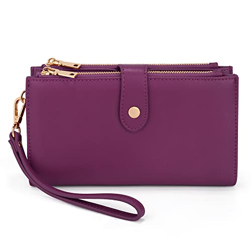 UTO Geldbörse Damen Gross Elegant Clutch Wristlet Wallet Pouch Große Geldbeutel Viele Fächer Weiches PU-Leder Doppelreißverschluss Violett von UTO