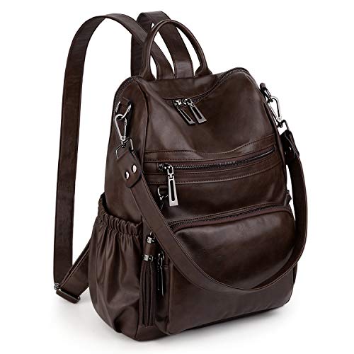 UTO Damen Rucksack Glattleder PU Washed Leder Modischer Multifunktionsrucksack mit Quastendesign Lässige Schultertaschen vielen Kompartiment Reißverschluss Umhängetasche Schule Schulrucksack Kaffee von UTO