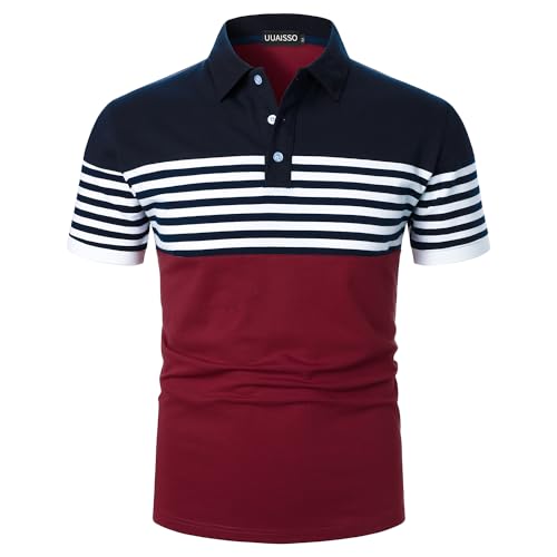 UUAISSO Herren Polo Langarm Streifen Poloshirts Kontrastfarbenes Hemd Slim Fit Baumwolle Golf Polos Kurzarm Marineblau + Rot XL von UUAISSO