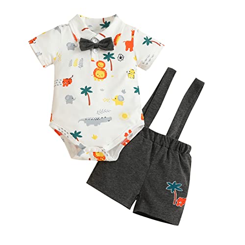 UUAISSO Kleinkind Baby Junge Sommer Kleidung Dinosaurier Druck Kurzarm Tops Hosenträger Shorts Set Weiß 0-3 Monate von UUAISSO