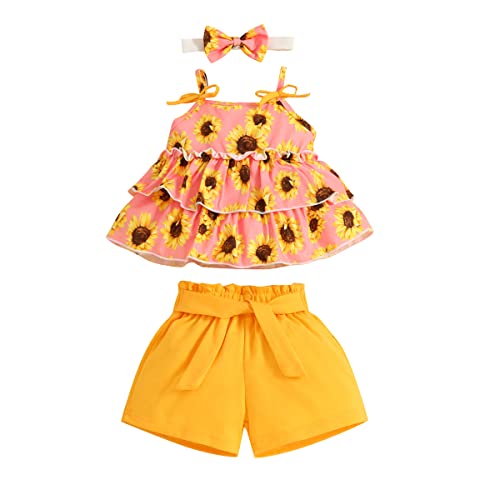 UUAISSO Kleinkind Baby Mädchen Kleidung Gekräuselte ärmellose Tank Sunflower Top + kurze Hosen Stirnband Sets für Mädchen Orange 3-6 Monate von UUAISSO