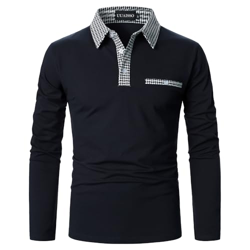 UUAISSO Poloshirts für Herren Langarm Kariertes Polohemd mit Kragen Lässiges Basic Golf T-Shirt W-Navy blau L von UUAISSO