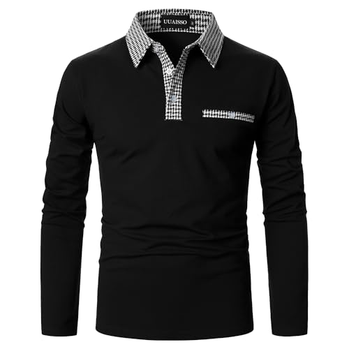 UUAISSO Poloshirts für Herren Langarm Kariertes Polohemd mit Kragen Lässiges Basic Golf T-Shirt W-Schwarz XL von UUAISSO