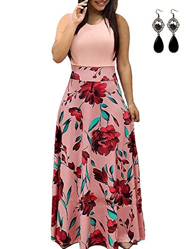 UUAISSO Sommerkleid Damen Lang mit Blüte Drucken Lang High Waist Elastische Strandkleider Maxikleider P-rosa-Ohne Arm 4XL von UUAISSO