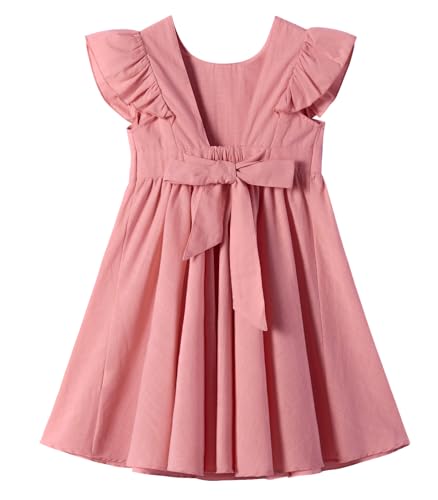Ugitopi Baby Mädchen Flatterärmel Baumwolle-Leinen Kleid Elastische Taille Schleife Kinder Freizeitkleider (Solid Dusty Rose,100) von Ugitopi