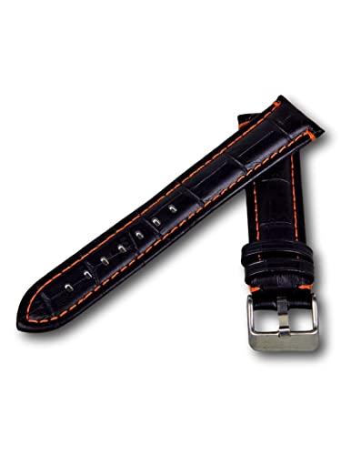 Uhren Pevak® Leder Uhrenarmband Kroko Optik Schwarz mit Orangene Naht 22mm Uhr Armband Uhrband Ersatzband von Uhren Pevak