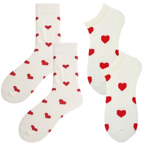 2 Stück Rote Socken Damen,Herzchen Socken,Herz Socken Damen,Geeignet Für Den Valentinstag,Geeignet für Fitnessaktivitäten, Socken für Damen und Mädchen im Frühling, Sommer und Herbst (lang + kurz) von Uirheurd