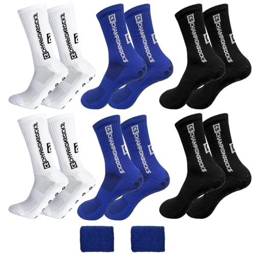 Grip Socken Fussball 6 Paare Football Socks, Fussballsocken Herren 39-46, Fußball Socken mit Grip für Damen Herren Kinder, Fussball Socken für Fussball Basketball Laufen Radfahren (Weiß/Schwarz/Blau) von Uirheurd