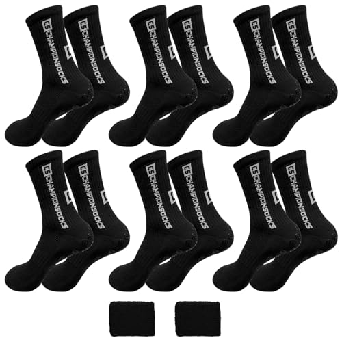 Grip Socken Fussball 6 Paare Football Socks, Fussballsocken Herren 39-46, Fußball Socken mit Grip für Damen Herren Kinder, Fussball Socken für Fussball Basketball Laufen Radfahren Klettern(Schwarz) von Uirheurd