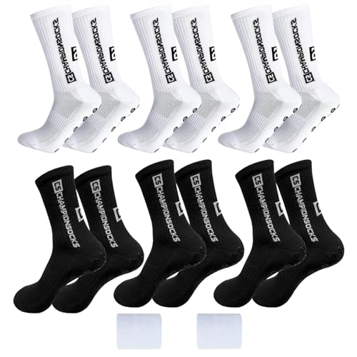 Grip Socken Fussball 6 Paare Football Socks, Fussballsocken Herren 39-46, Fußball Socken mit Grip für Damen Herren Kinder, Fussball Socken für Fussball Basketball Radfahren Klettern(Weiß/Schwarz) von Uirheurd