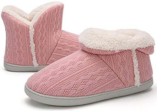 Damen Warme Gefüttert Hausschuhe Plüsch Hohe Pantoffeln Memory Foam Gestrickte Stiefel Hüttenschuhe Frauen Winter Indoor Boots Haus Schuhe Rutschfeste Slipper Rosa 42/43 von Ulicox