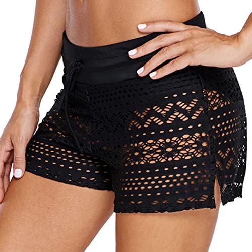 Ulicox Damen Badehose Badeshorts Strand Kurze Shorts Wassersport Boardshorts Schnell Trocknend Sommer Hollow Spitze Schwimmhose Schwimmshorts Frauen Bikini Unterteil, Schwarz 3XL von Ulicox