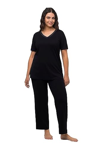 Ulla Popken Damen Pyjama, Satin Trim Pyjamaset, schwarz, 62-64 von Ulla Popken