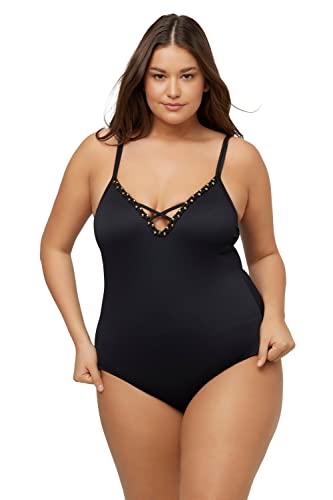 Ulla Popken Damen große Größen Übergrößen Plus Size Badeanzug, Perlenband, Struktur, Softcups, Zierbänder schwarz 56 793662100-56 von Ulla Popken