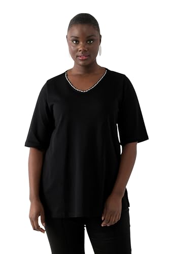 Ulla Popken Damen große Größen Übergrößen Plus Size T-Shirt, A-Linie, V-Ausschnitt, Halbarm, Pima Cotton schwarz 50+ 820739130-50+ von Ulla Popken