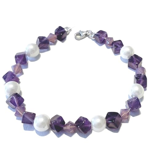 Amethyst Perlen violett weiß Designer Edelstein Armband Swarovski Längen Wahl DisplayLength 21 von Ulrike Schmitt Edelsteinkreationen