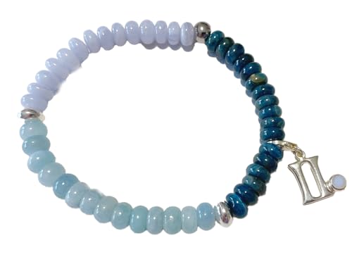 Ulrike Schmitt Edelsteinkreationen ZWILLINGE: Chalcedon Aquamarin Apatit Sternzeichen Stretch Armband mit Charm DisplayLength 21 von Ulrike Schmitt Edelsteinkreationen