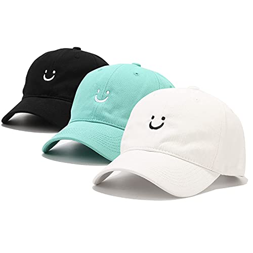 Umeepar Baseballkappe mit Smiley-Gesicht, Baumwolle, verstellbar, niedriges Profil, unstrukturiert, für Damen und Herren, 3 Stück, Black White, Aqua, Einheitsgröße von Umeepar