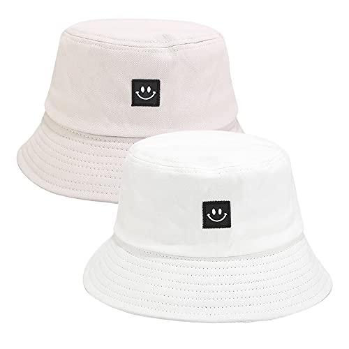 Umeepar Baumwoll-Fischerhut, 1 Packung oder 2 Stück, verstaubarer Strand-Sonnenhut für Damen und Herren, 2 Stück Smile Face weiß + beige, Einheitsgröße von Umeepar