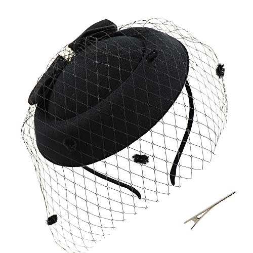 Umeepar Damen Bowknot Pillbox Fascinator Hut Hochzeit Tea Party Hüte mit Schleier Stirnband Clip (Schwarz) von Umeepar