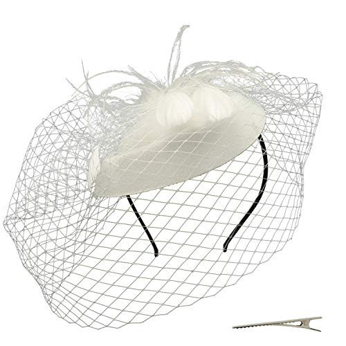 Umeepar Damen Pillbox Fascinator Hut Hochzeit Tea Party Hüte mit Federn Schleier Stirnband Clip (Weiß) von Umeepar