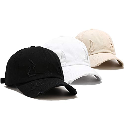 Umeepar Unisex 3er-Pack Baseball Cap Outdoor Kappe Mütze Hüte Vintage Verstellbar für Damen Herren, C Zerrissener Patch Schwarz Weiß Beige von Umeepar