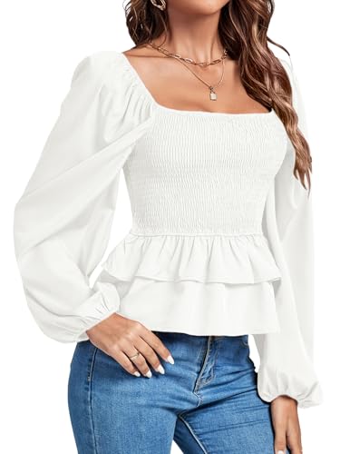 Umenlele Damen-Laterne mit quadratischem Ausschnitt, langärmelig, gerafft, Rüschensaum, gesmoktes Schößchen, Babydoll-Bluse, Hemd, Oberteil, Weiss/opulenter Garten, Groß Umenlele Damen-Laterne mit quadratischem Ausschnitt, langärmelig, gerafft, Rüschensaum, gesmoktes Schößchen, Babydoll-Bluse, Hemd, Oberteil, Weiss/opulenter Garten, Groß von Umenlele