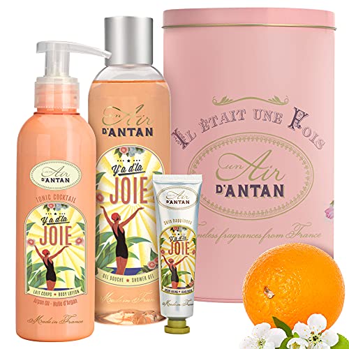 Französisches Geschenkset Für Frauen/Duft Orangenblüte, Maiglöckchen/ 1 Duschgel 250ml + 1 Bodylotion Frauen 200ml + 1 Handcreme 25ml/ Metallbox/Un Air d'Antan/Badezusatz Frauen/Wellness Set von Un Air d'Antan