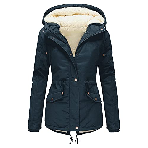 Damen Daunenjacke mit Pelz - Frauen große Größe Wintermantel Damen Jacke Outwear Dicker Mantel Hoodie Gefüttert Warm Plüsch Trenchcoat Damen Jacke, Marine, 50 von Unbekannt