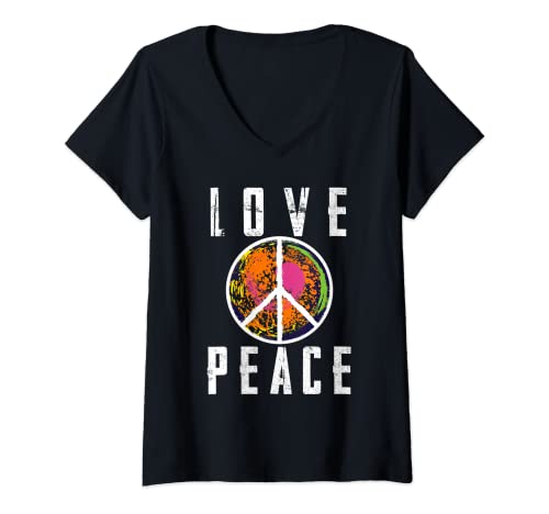 Damen Retro Flower Power 60er 70er Jahre - Love Peace Freedom 2 T-Shirt mit V-Ausschnitt von Unbekannt