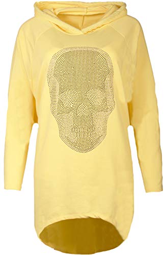 Fashion You Want Damen Totenkopf Pullover Glitzer Sweatshirt Pailletten Strass Stretch Oversize Shirt Langarm Shirt Hoodie vorne kurz hinten Lang Fishtail (gelb, 46/48) von Unbekannt