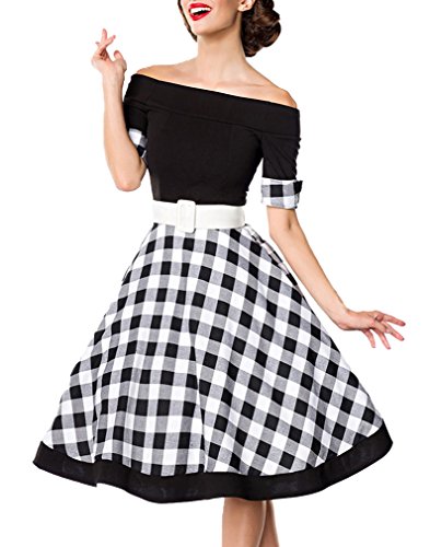 Schwarzes knielanges Swing Kleid im High Waist Schnitt mit Gürtel und Manschetten kariert und schulterfrei bandeau S von Unbekannt