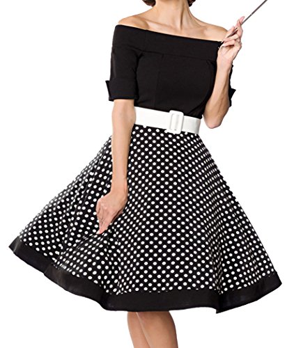 Schwarzes kurzes Swing Kleid im High Waist Schnitt mit Gürtel und Tellerrock weiß gepunktet und schulterfrei bandeau S von Unbekannt