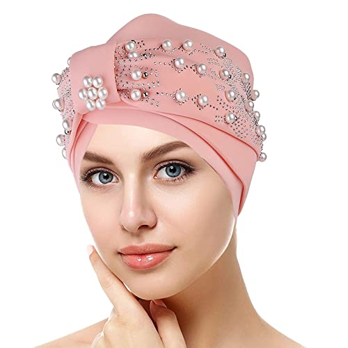 Unbekannt Damen Muslim Turban mit Perlen Chemo Beanie Cap Kopfbedeckung Damen Hijab Perlen Zopf Turban Hut Kopftuch Krebs Bandana Headwrap Cap Rosa von Unbekannt