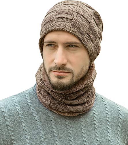 Unbekannt Herren Wintermütze Schal Set,Warm Strickmütze und Schal mit Fleecefutter,Winter Wärme Beanie Mütze Strickschal Set für Damen und Herren,Schlauchschal Hüte Mützen (Braun) von Unbekannt