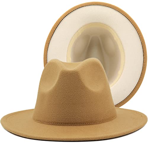 Zweifarbige Fedora-Hüte für Damen, Karamell, Beige, Unterseite, Filzhut, Jazzhut, Bowlerhut, Perfomance-Hut, Herren, Kirchenhut, 56–58 cm, Hellbraun Beige, 6 7/8-7 1/8 von Unbekannt