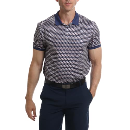 Under Par Herren Feuchtigkeitsableitendes, schnell trocknendes, dehnbares, kurzärmliges Golf-Poloshirt mit geometrischem Print, Marine, 2XL Under Par Herren Feuchtigkeitsableitendes, schnell trocknendes, dehnbares, kurzärmliges Golf-Poloshirt mit geometrischem Print, Marine, 2XL von Under Par