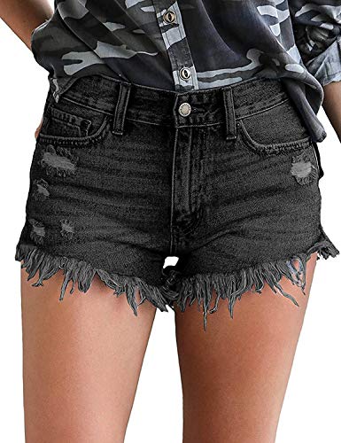 Uni-Wert Damen Jeansshorts Basic in Aged-Waschung Jeans Bermuda-Shorts High Waist Denim Kurze Hose Sommer Mode Destroyed Loch Hotpants Quaste Jeans Shorts Schwarz L von Uni-Wert