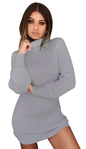 Uni-Wert Damen Strickkleid Elegant Stretch Pullikleid Langarm Strickpullover Rollkragen Minikleid Casual Warm Wickelkleid Einfarbig Frauen Pullover Kleid von Uni-Wert