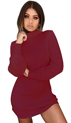 Uni-Wert Damen Strickkleid Elegant Stretch Pullikleid Langarm Strickpullover Rollkragen Minikleid Casual Warm Wickelkleid Einfarbig Frauen Pullover Kleid von Uni-Wert